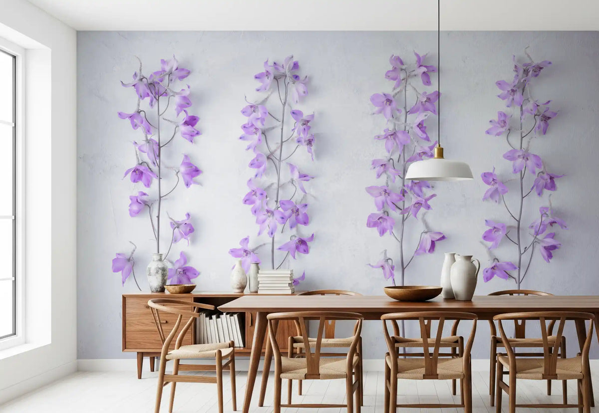 Purple floral stem wallpaper in a dining room with a wood table and woven chairs GD13138