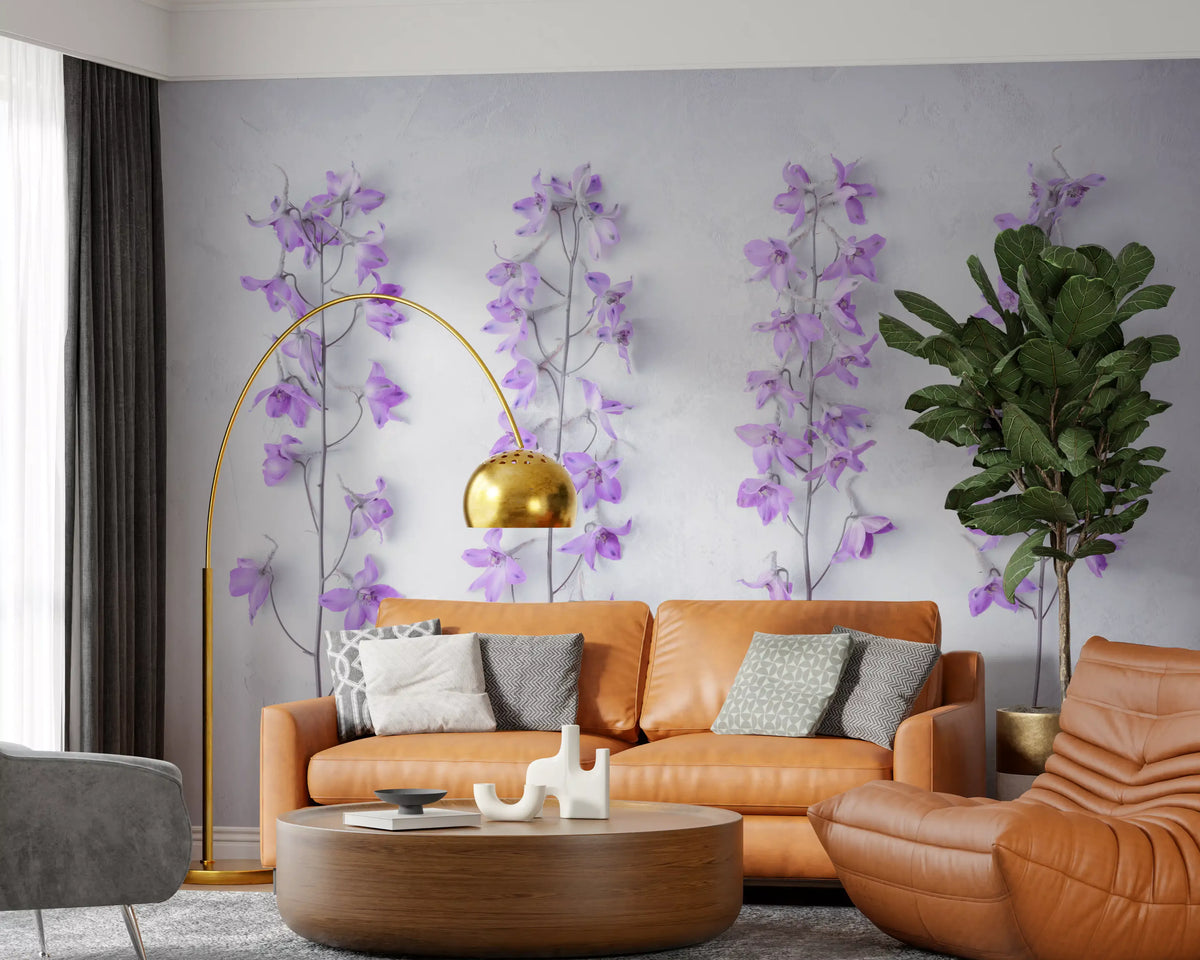 Lavender wallpaper behind a tan leather sofa with a gold arc lamp and round wood table GD13138