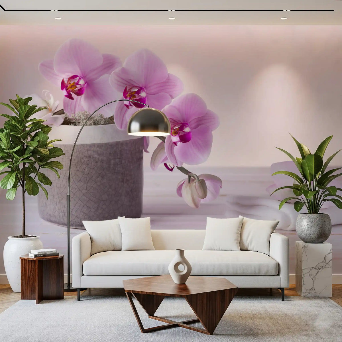 Floral wallpaper of a pink orchid behind a cream sofa and geometric wood coffee table GD13139