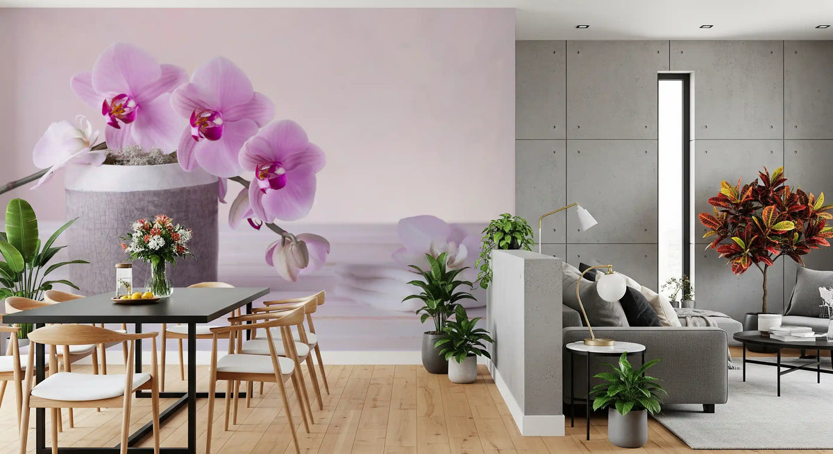 Orchid mural in an open plan room with a black dining table and gray sofa GD13139
