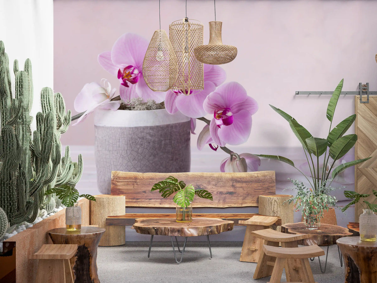 Orchid still life wallpaper behind a live edge wood bench, cactus plants and rattan pendants GD13139
