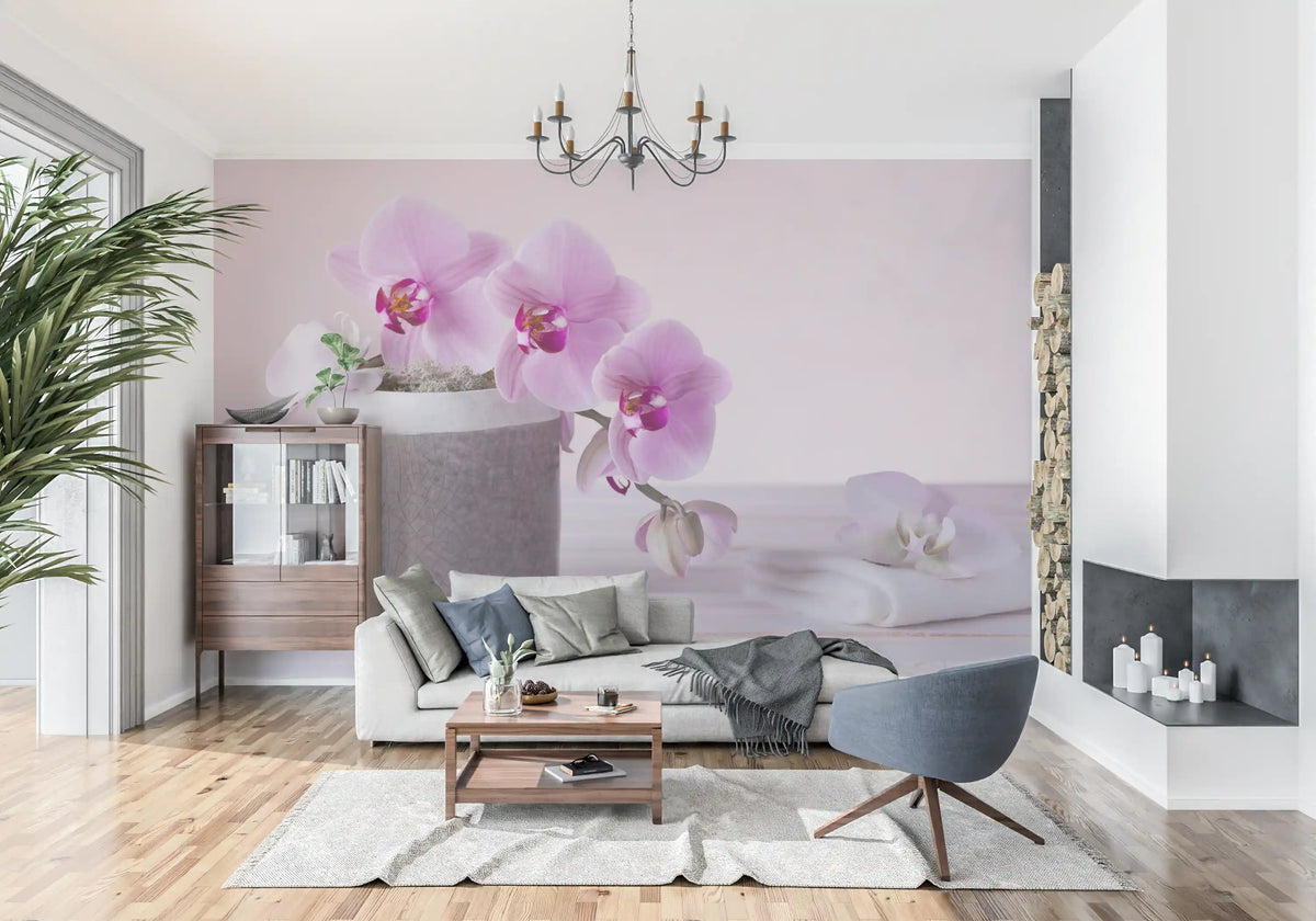 Floral wallpaper in a living room with a gray sofa, blue armchair and white fireplace GD13139