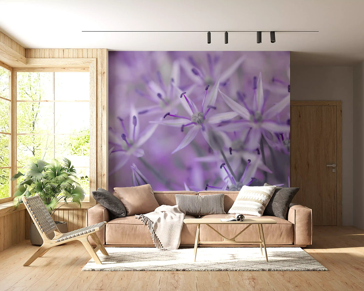 Violet allium wall mural above a tan leather sofa and woven lounge chair GD13140