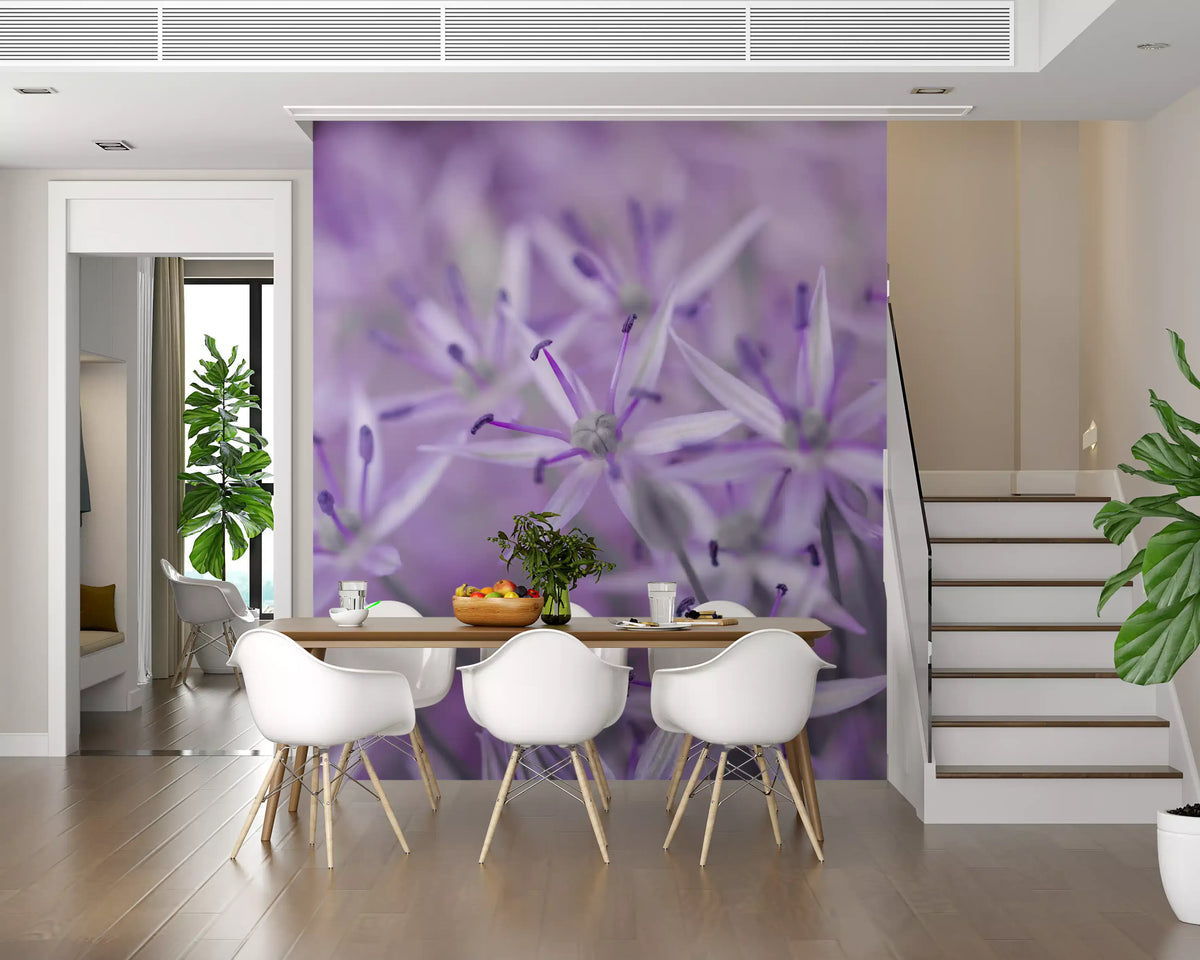 Floral wallpaper mural of violet alliums behind a white dining set and wood table GD13140