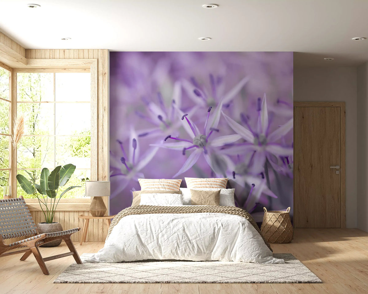 Lavender floral wallpaper behind a white bed with wooden window frames GD13140