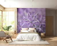 Lavender floral wallpaper behind a white bed with wooden window frames GD13140