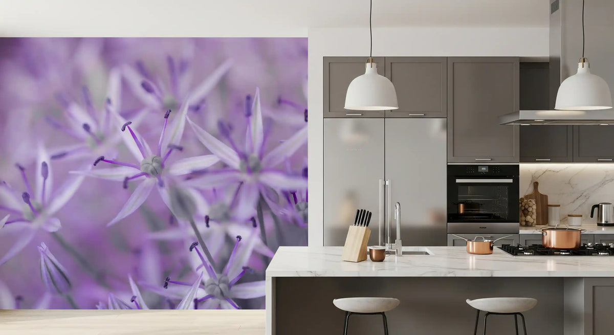 Floral wallpaper mural in a kitchen with gray cabinets and pendant lights GD13140