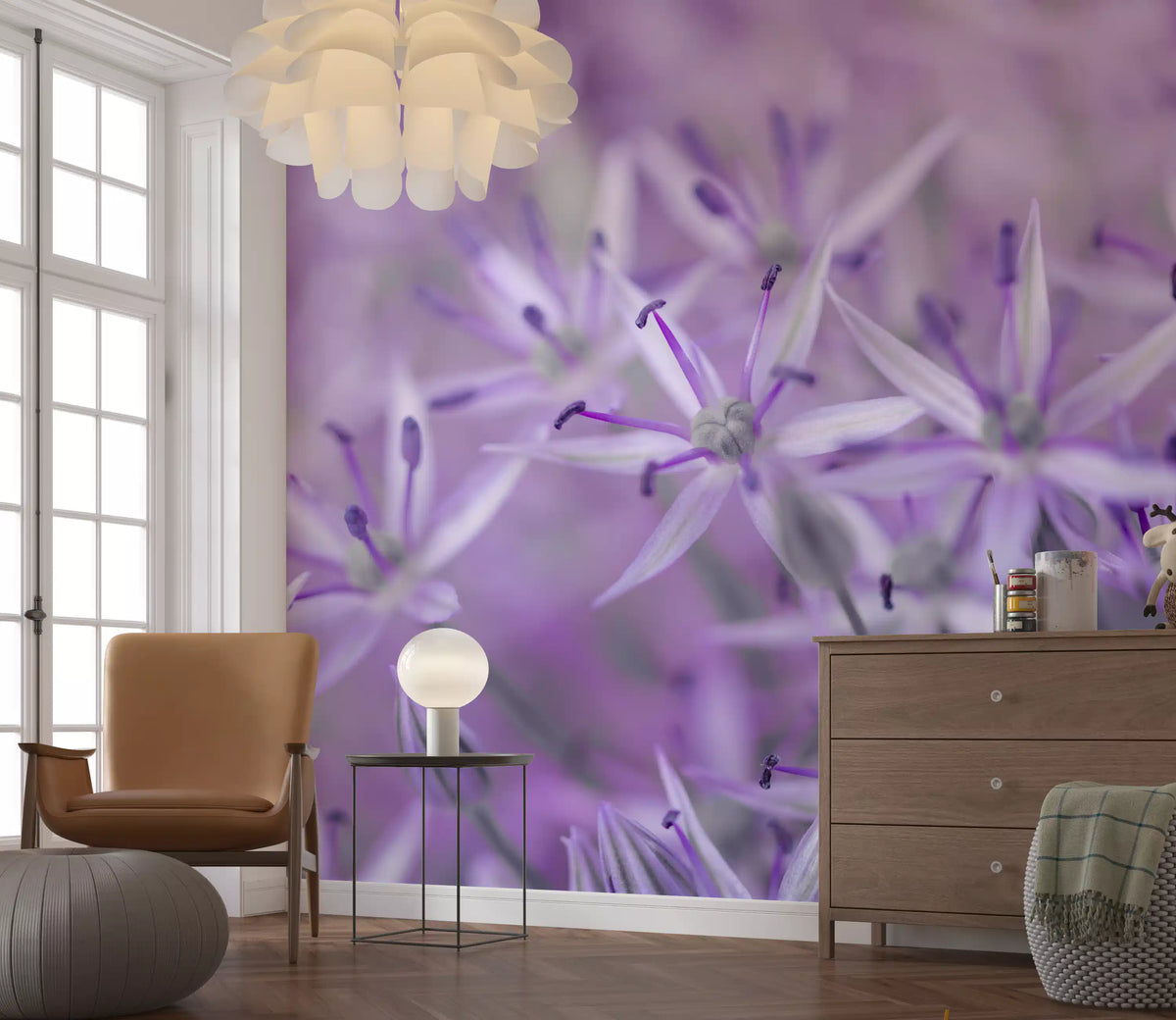 Allium bloom mural beside a tan leather armchair and wooden dresser GD13140