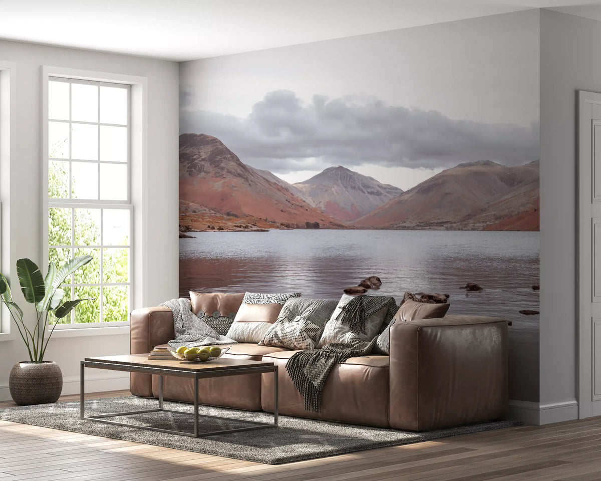 Lake wallpaper mural behind a brown leather sofa in a bright living room GD13143