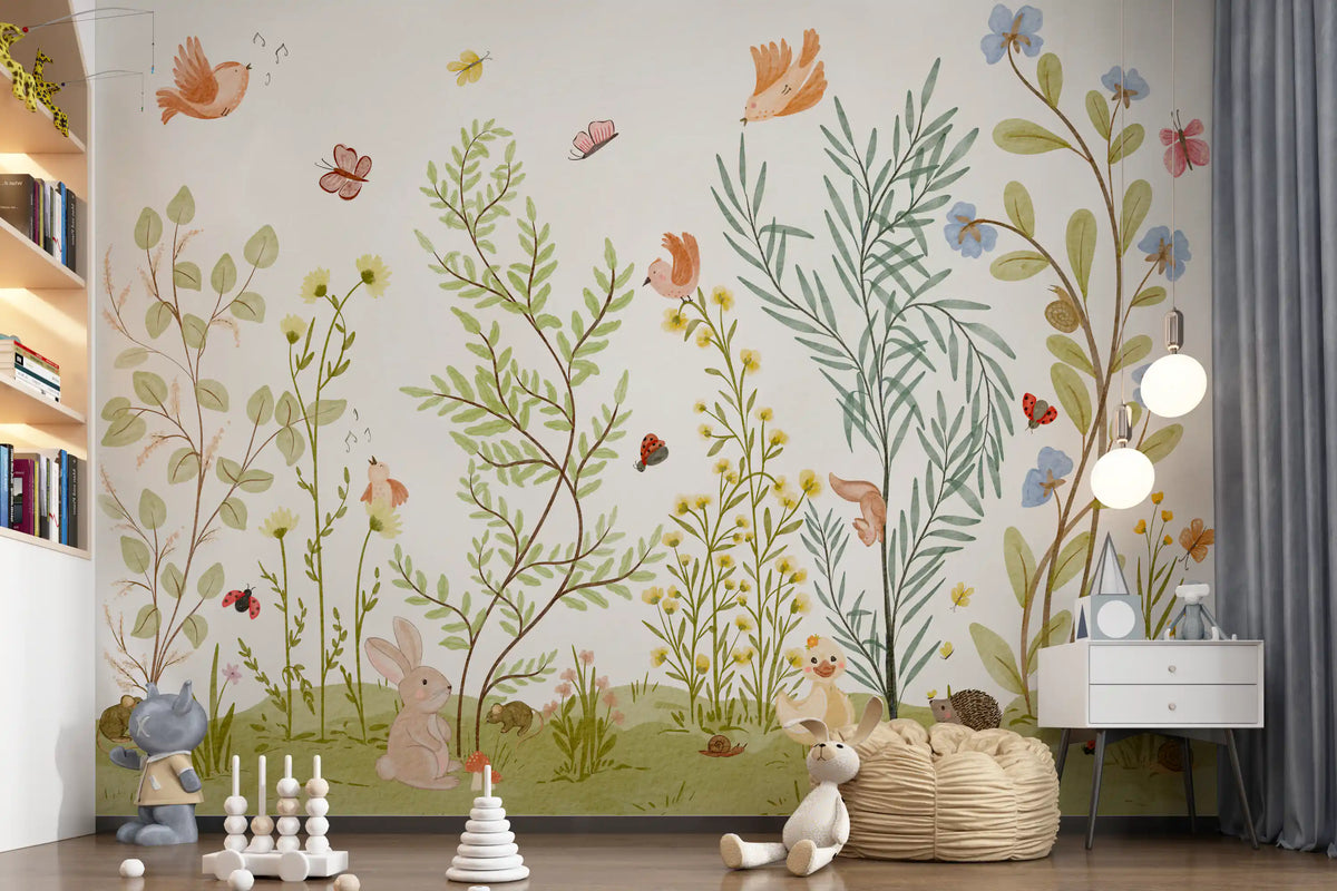 Enchanted Meadow Botanical Scene Wall Mural
