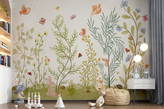 Enchanted Meadow Botanical Scene Wall Mural