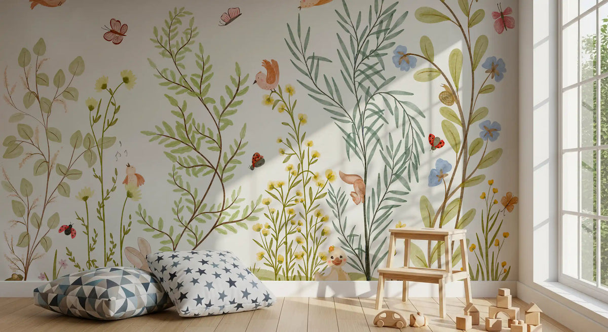 Enchanted Meadow Botanical Scene Wall Mural