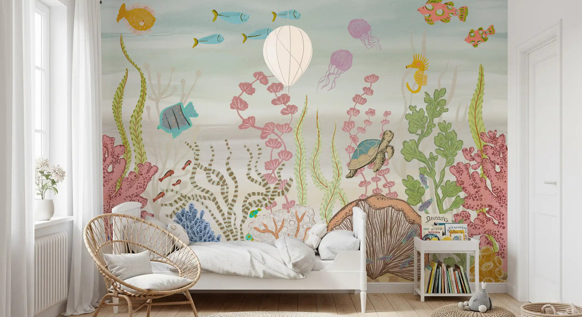 Whimsical Underwater Coral Reef Scene Wall Mural