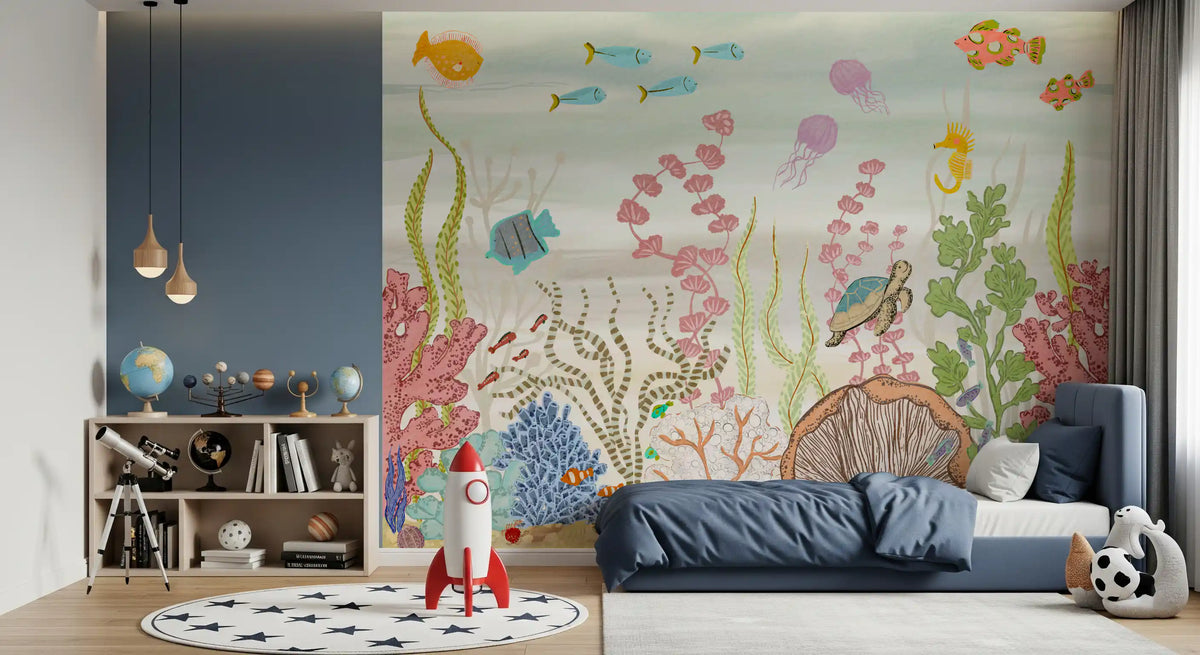 Whimsical Underwater Coral Reef Scene Wall Mural