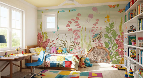 Whimsical Underwater Coral Reef Scene Wall Mural