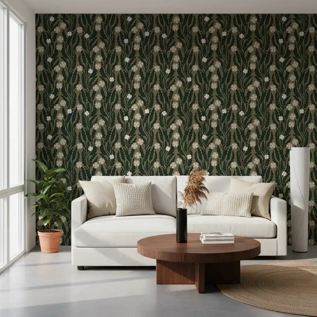 White sofa and round wood coffee table against dark botanical meadow wallpaper GD13191
