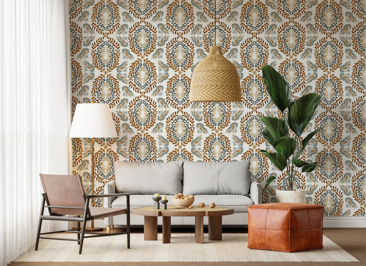 Watercolor Botanical Wreath Motif Wallpaper⁠