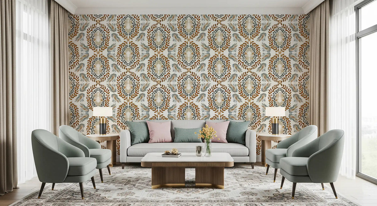 Watercolor Botanical Wreath Motif Wallpaper⁠