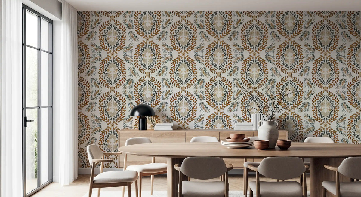 Watercolor Botanical Wreath Motif Wallpaper⁠