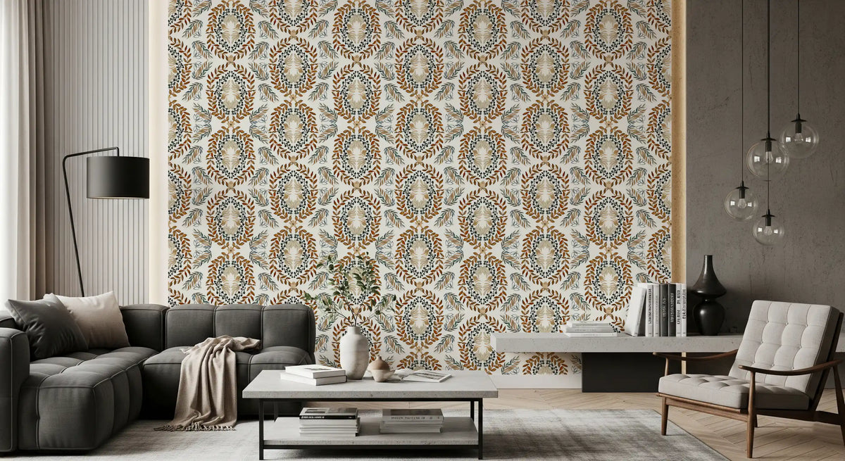 Watercolor Botanical Wreath Motif Wallpaper⁠