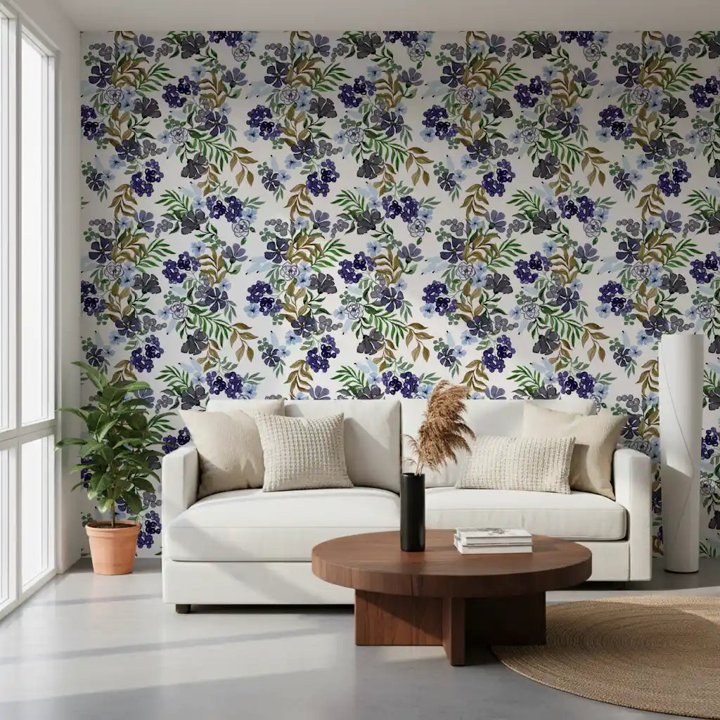 Watercolor Berry and Leaf Motif Wallpaper⁠