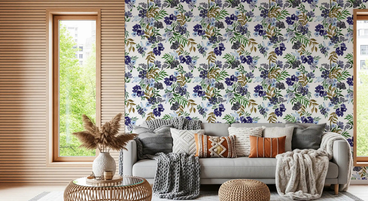 Watercolor Berry and Leaf Motif Wallpaper⁠