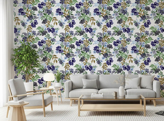 Watercolor Berry and Leaf Motif Wallpaper⁠