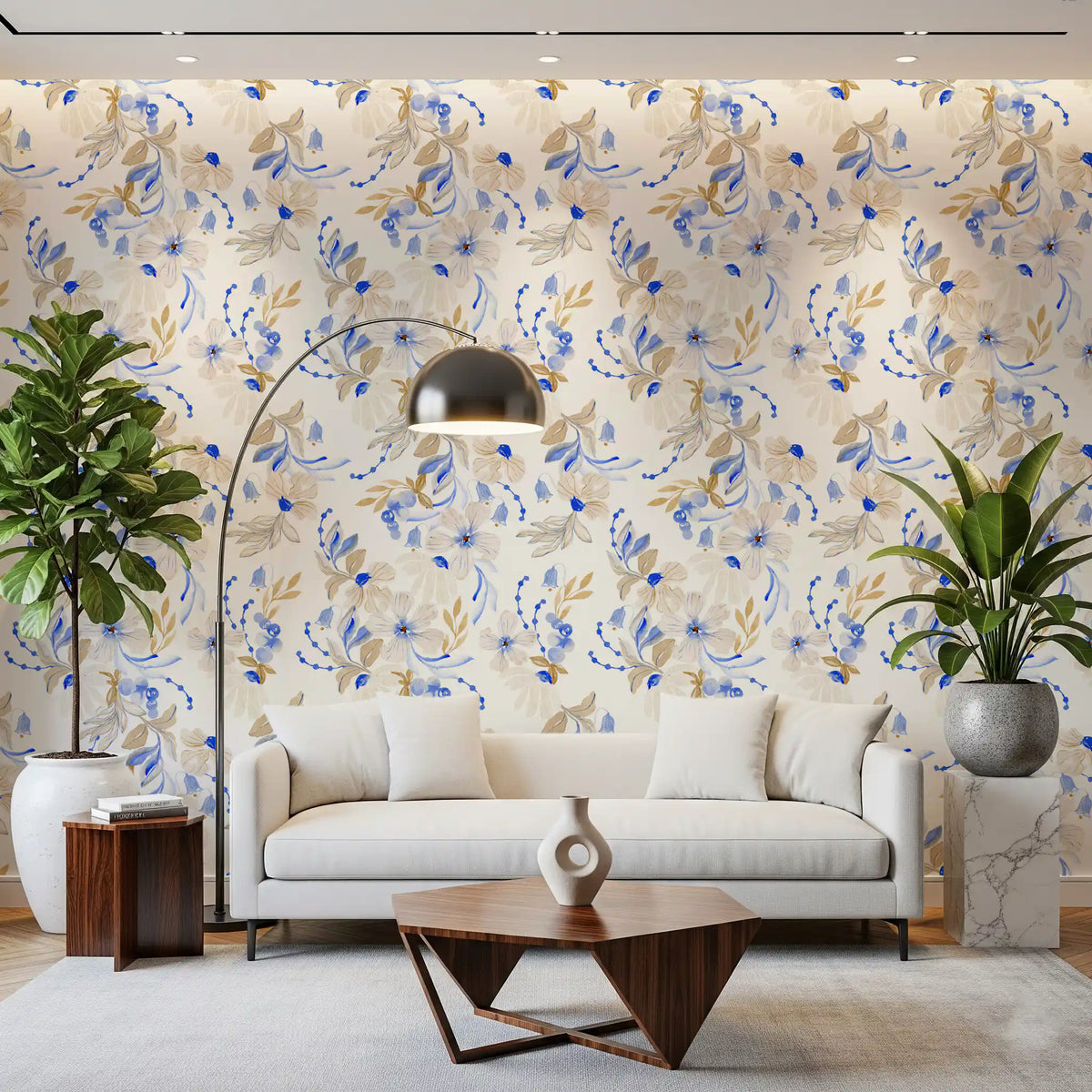 Watercolor Blue and Beige Floral Botanical Wallpaper⁠