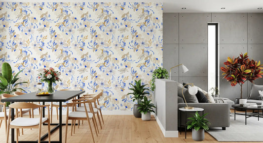 Watercolor Blue and Beige Floral Botanical Wallpaper⁠