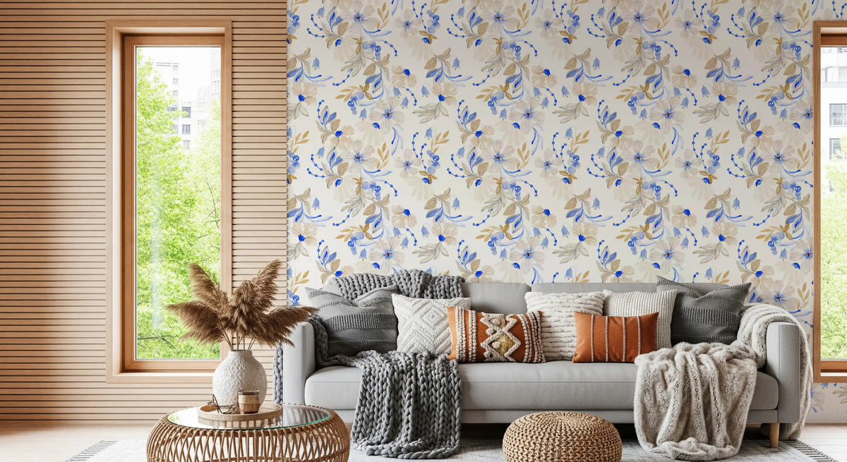Watercolor Blue and Beige Floral Botanical Wallpaper⁠