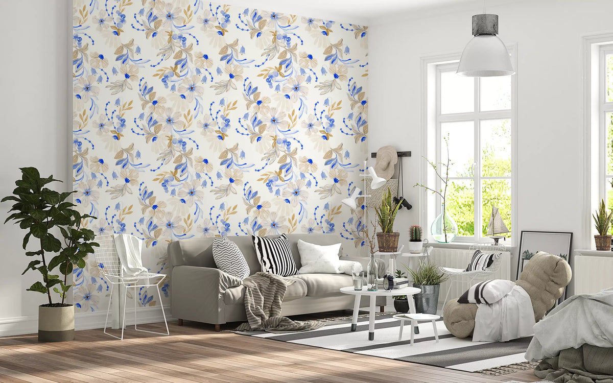 Watercolor Blue and Beige Floral Botanical Wallpaper⁠