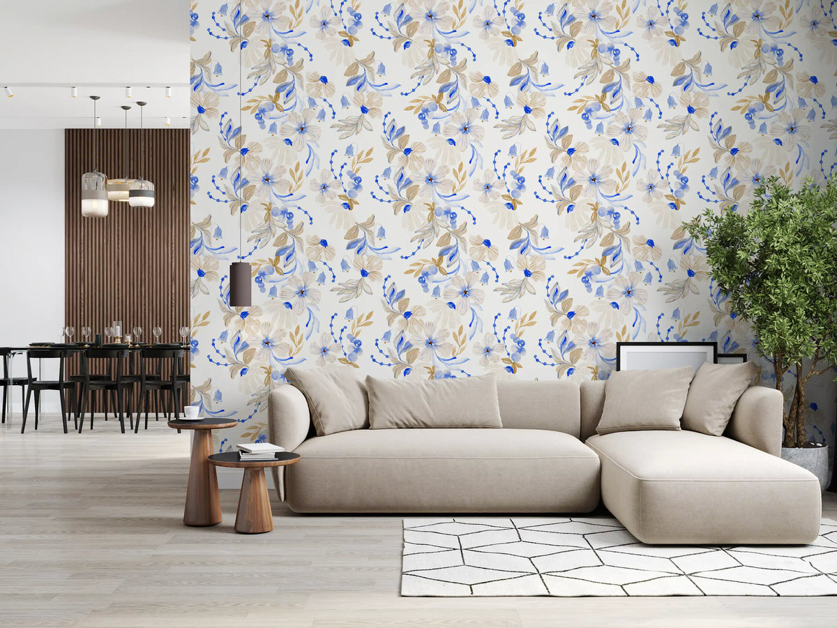 Watercolor Blue and Beige Floral Botanical Wallpaper⁠