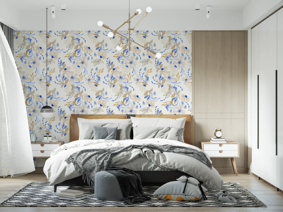 Watercolor Blue and Beige Floral Botanical Wallpaper⁠