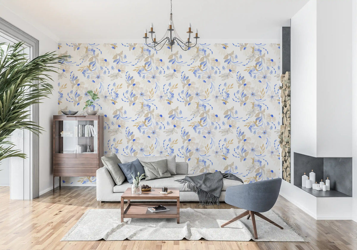 Watercolor Blue and Beige Floral Botanical Wallpaper⁠