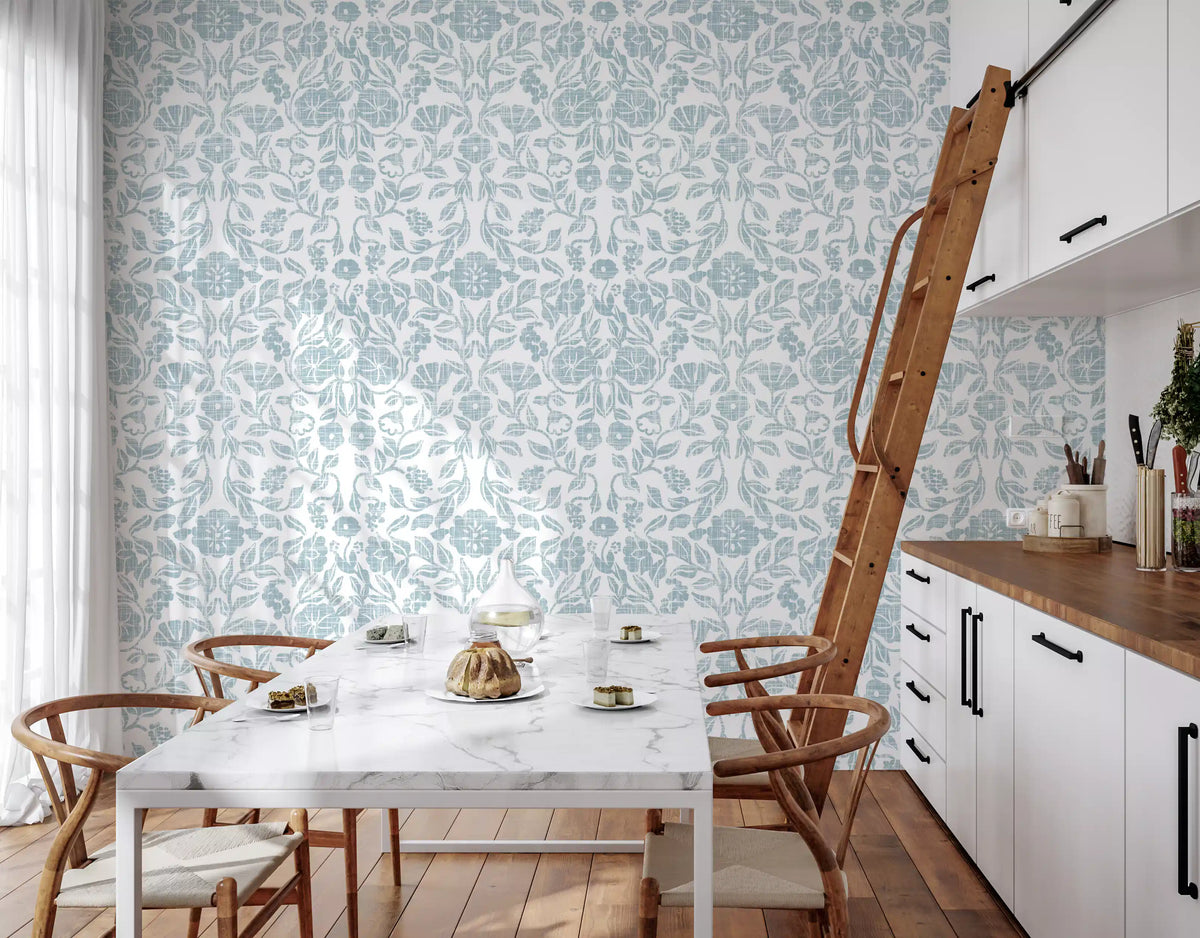 Soft Blue Botanical Damask Wallpaper⁠