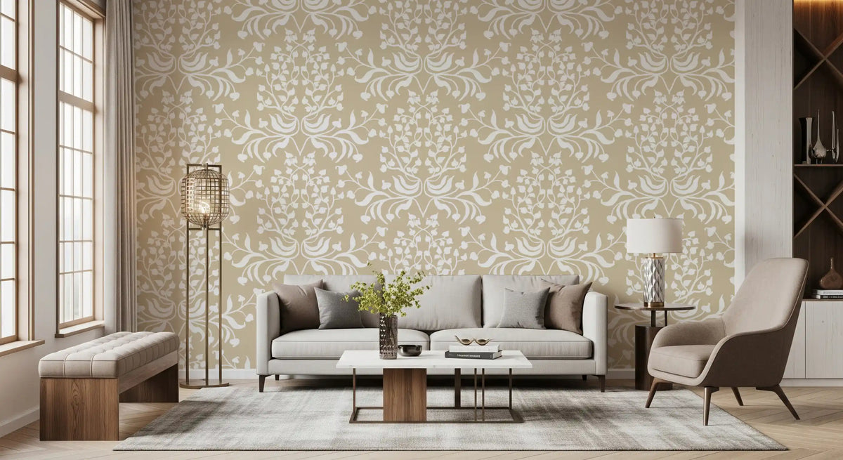 Cream and White Damask Silhouette Wallpaper⁠