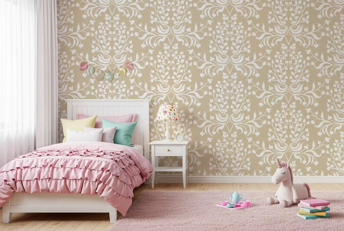 Cream and White Damask Silhouette Wallpaper⁠
