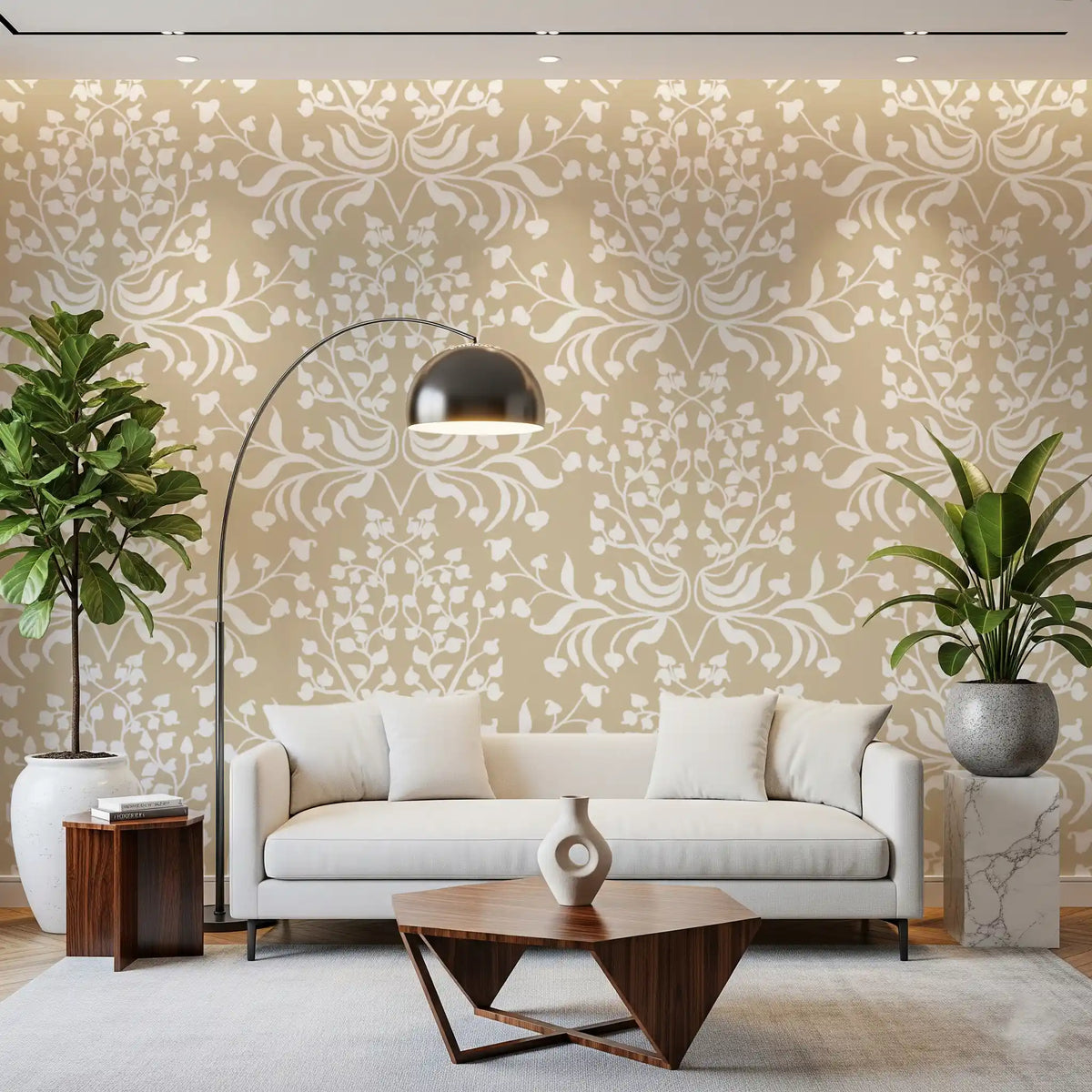 Cream and White Damask Silhouette Wallpaper⁠