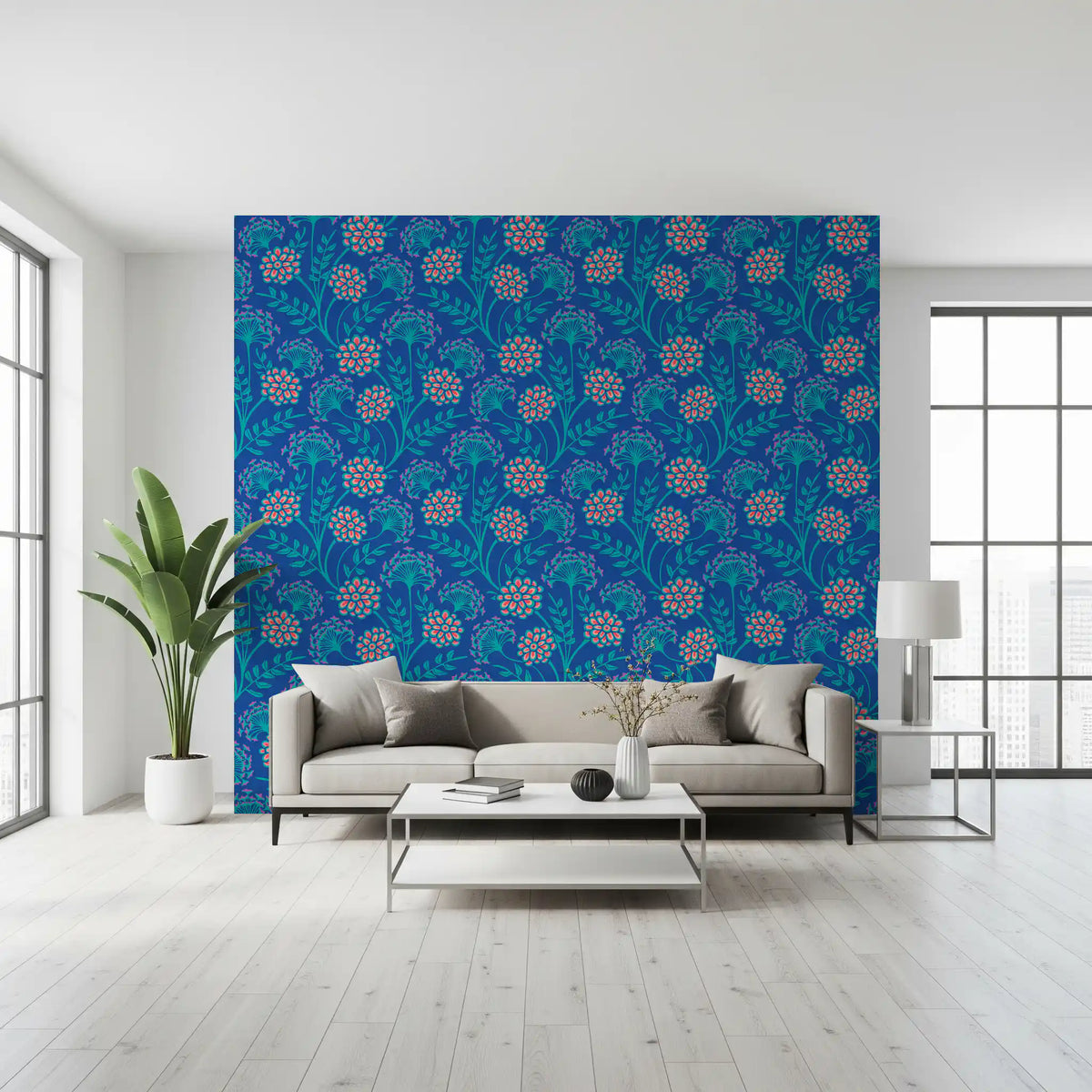 Danube Retro Vintage Floral Zinnia Cow Parsley in Turquoise Royal Blue Wallpaper⁠