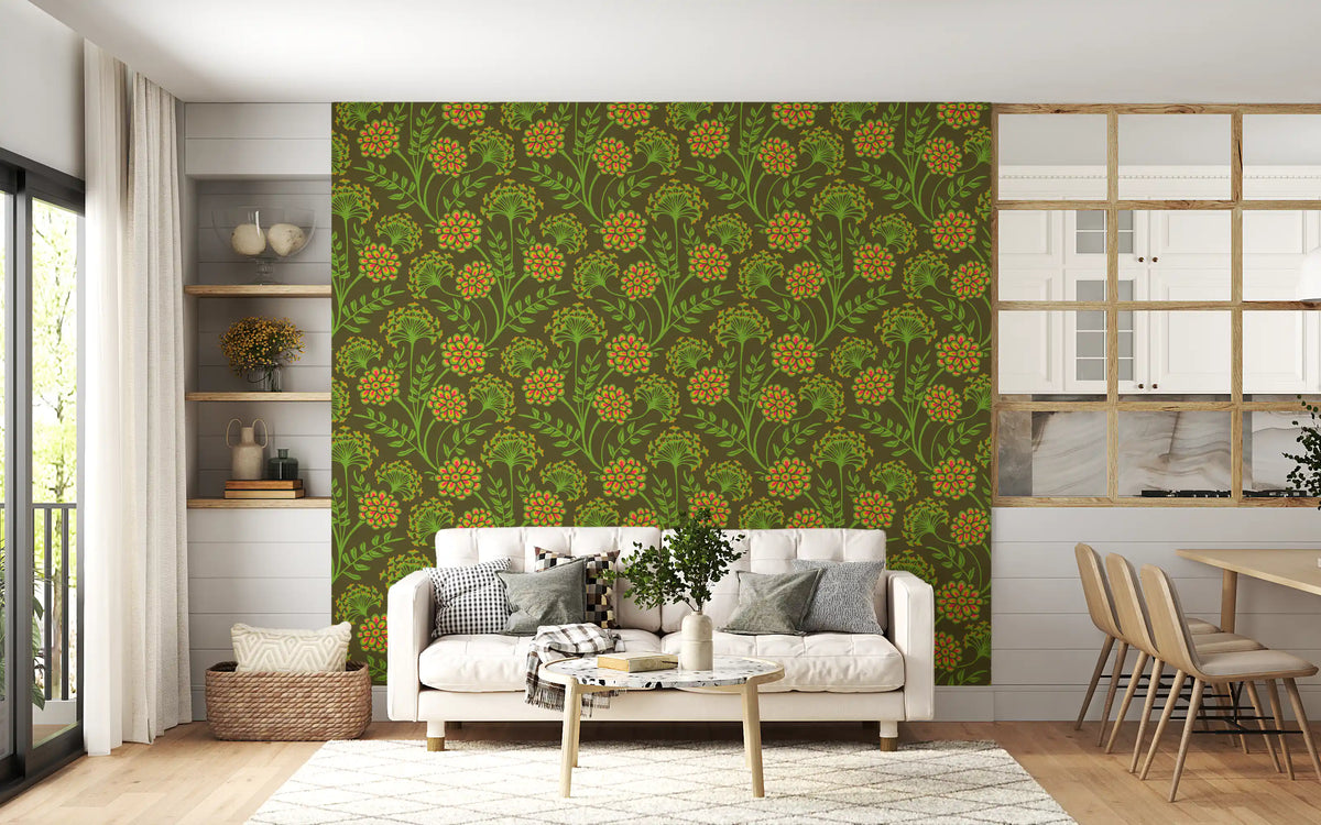 Retro wallpaper behind a white loveseat, open shelves and wood dining chairs GD13219