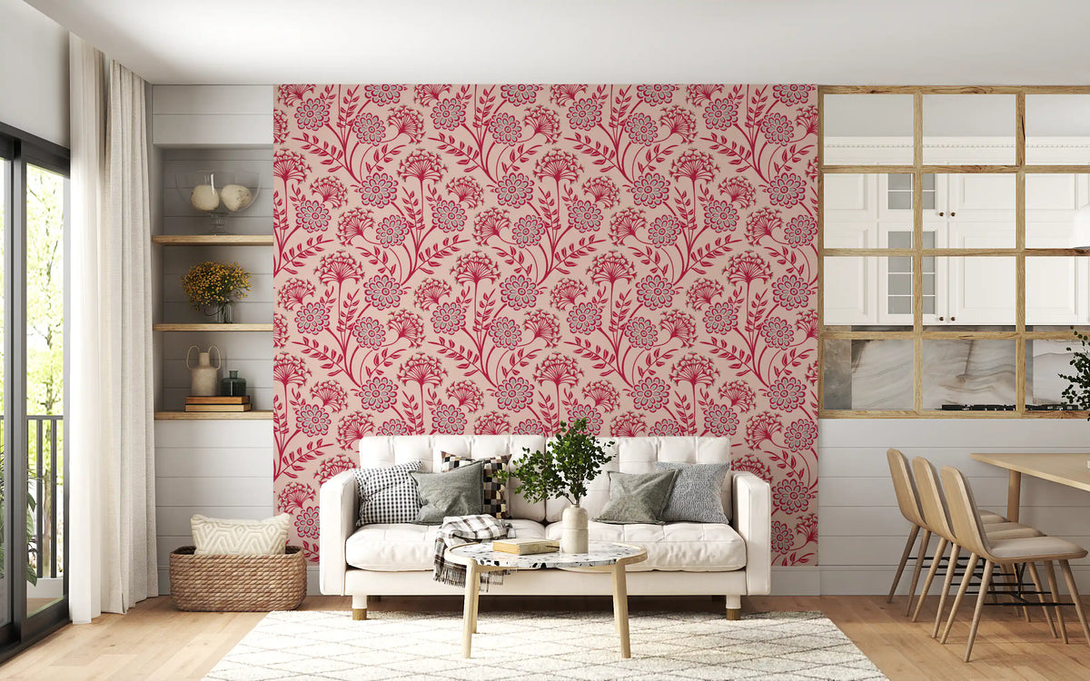 Danube Retro Vintage Floral Zinnia Cow Parsley in Viva Magenta Red Warm Sand  Wallpaper⁠