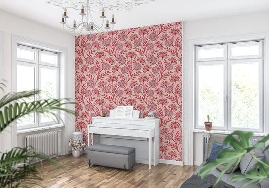Danube Retro Vintage Floral Zinnia Cow Parsley in Viva Magenta Red Warm Sand  Wallpaper⁠