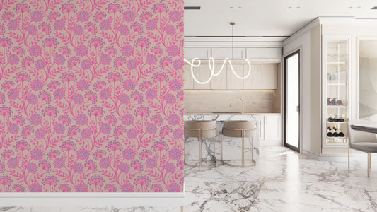Danube Retro Vintage Floral Zinnia Cow Parsley in Pretty In Pink Wallpaper⁠