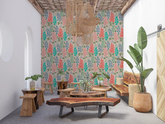 Delphinium Garden Retro Summer Floral Brights Wallpaper⁠