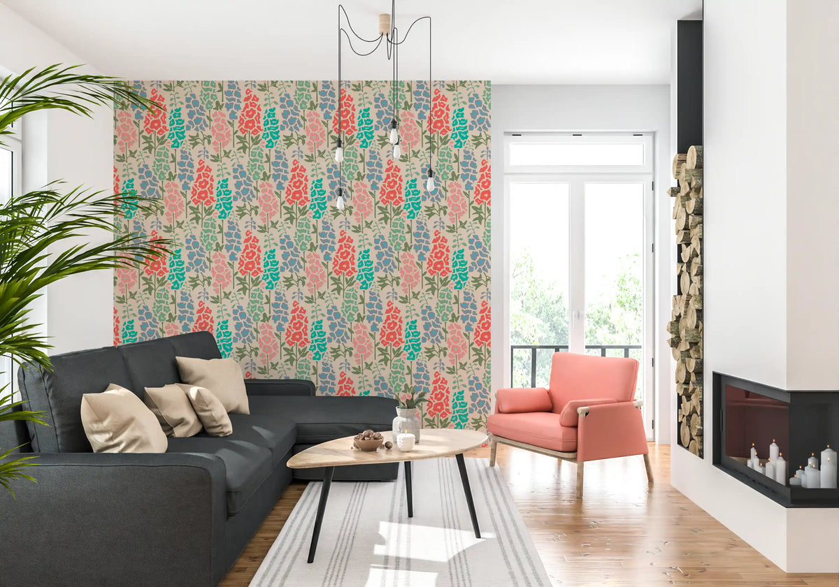Delphinium Garden Retro Summer Floral Brights Wallpaper⁠