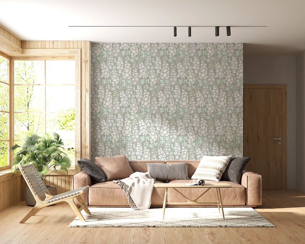 Delphinium Garden Retro Summer Floral White Gray Wallpaper⁠