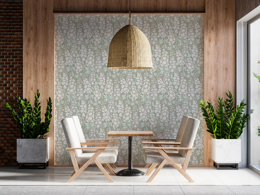Delphinium Garden Retro Summer Floral White Gray Wallpaper⁠