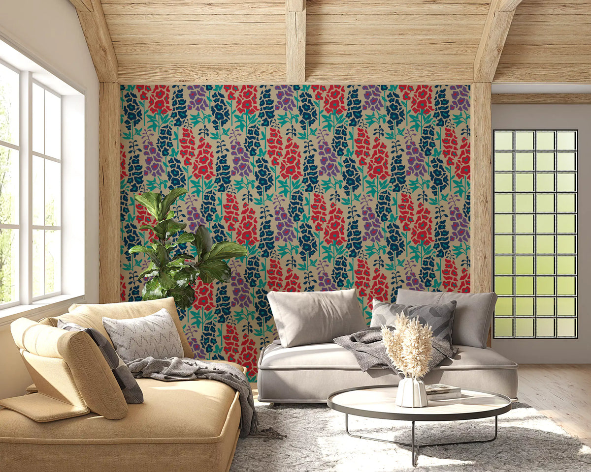 Delphinium Garden Retro Summer Floral Navy Blue Red Purple Wallpaper⁠