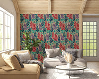 Delphinium Garden Retro Summer Floral Navy Blue Red Purple Wallpaper⁠
