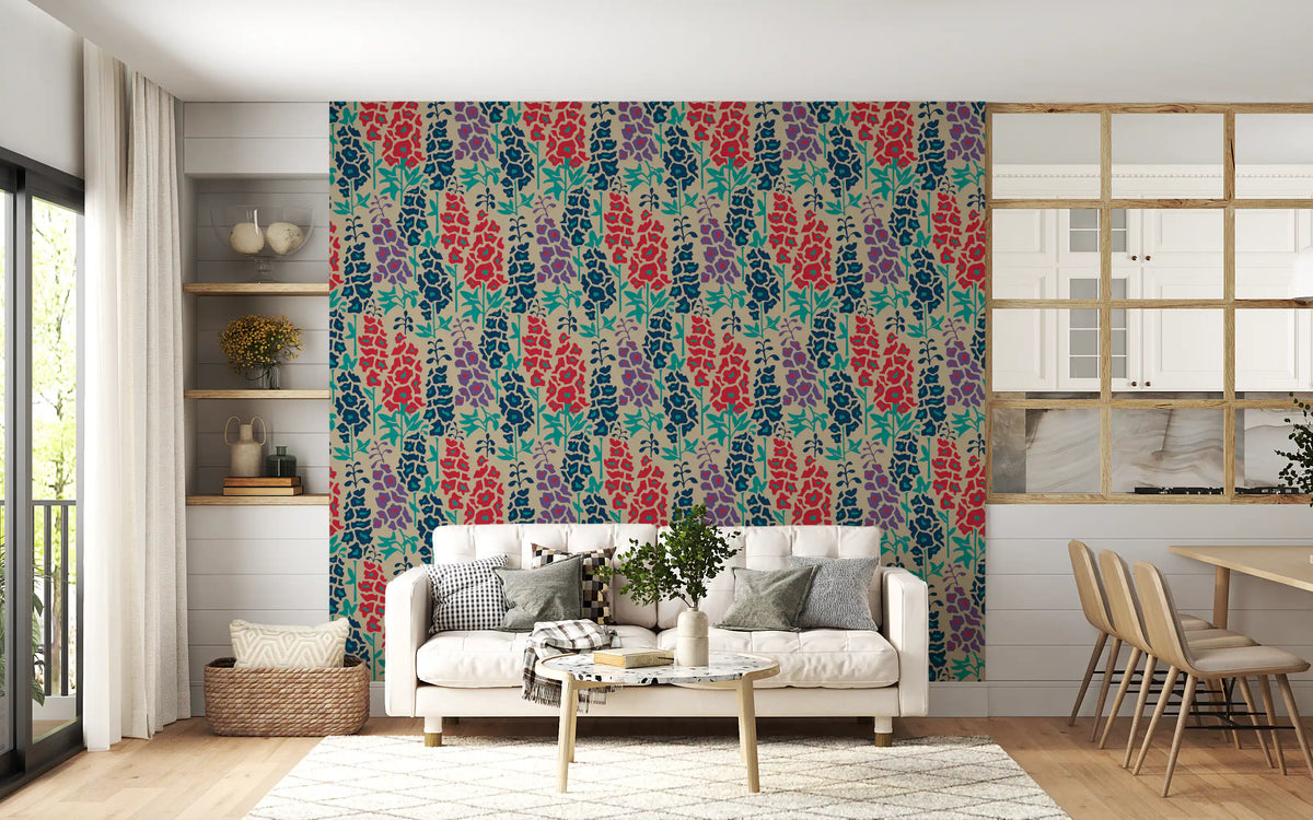 Delphinium Garden Retro Summer Floral Navy Blue Red Purple Wallpaper⁠